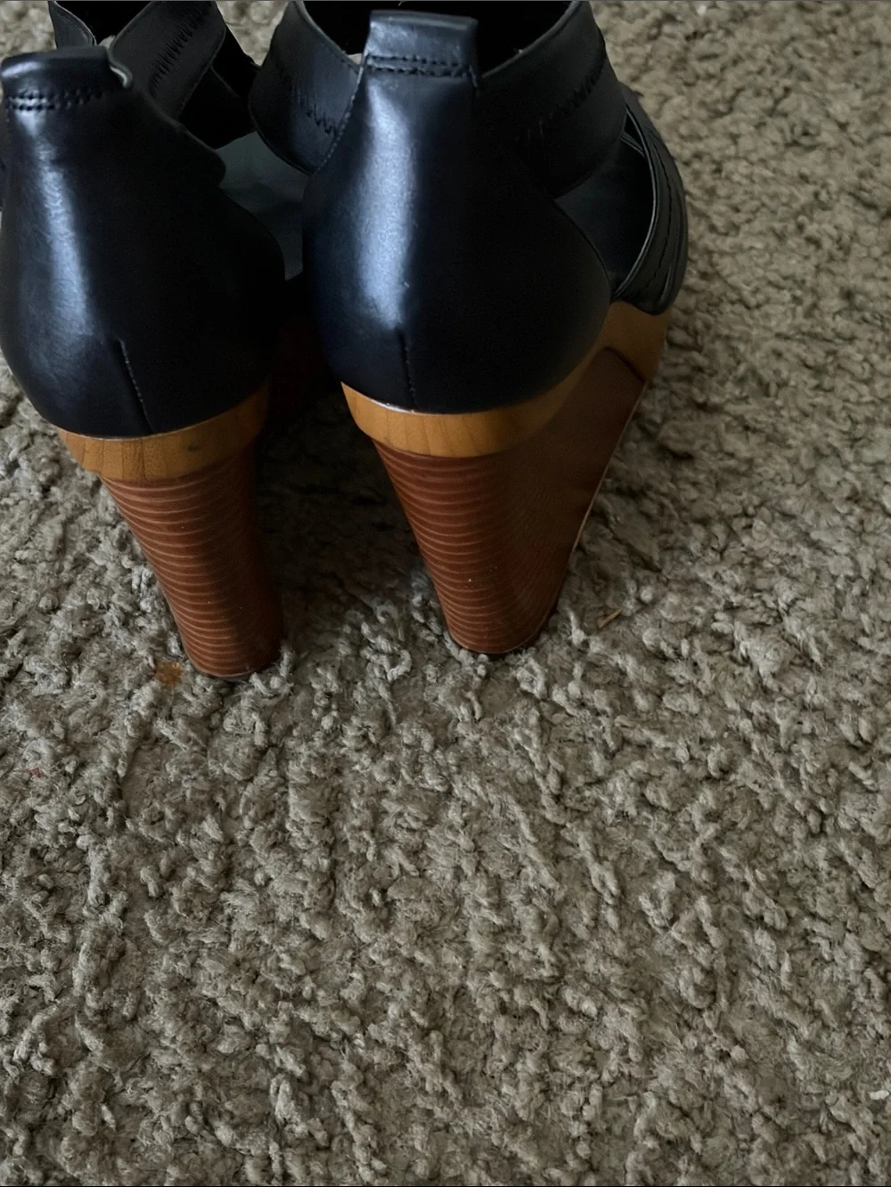 Michael Kors Black Leather Peep-Toe Wedge Sandals with Gold Zip Accent